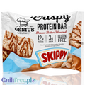 Guiltfree Genius Gourmet Crispy Protein Bar o smaku masła orzechowego Skippy w białym opakowaniu z grafiką batona