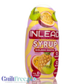 Butelka koncentratu Guiltfree Inlead Squeeze Syrup o smaku Golden Exotic z grafiką ananasa, kiwi i marakui.