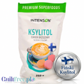 Opakowanie Guiltfree Intenson Ksylitol Danisco z Finlandii 250g z grafiką kawy i makaroników oraz fińską flagą