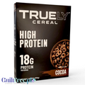 Czarne opakowanie płatków śniadaniowych Truely Protein Cereal o smaku kakaowym z informacją o wysokiej zawartości białka.