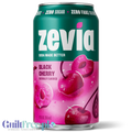 Puszka napoju gazowanego Zevia Black Cherry o smaku czarnej wiśni, bez cukru, ze stewią, na czarnym tle.