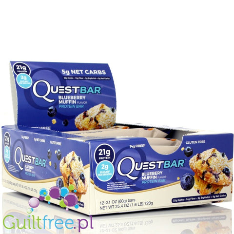 Quest Protein Bar Blueberry Muffin Flavor - High-protein bar of vanilla cupcakes with blueberries, contains sweeteners