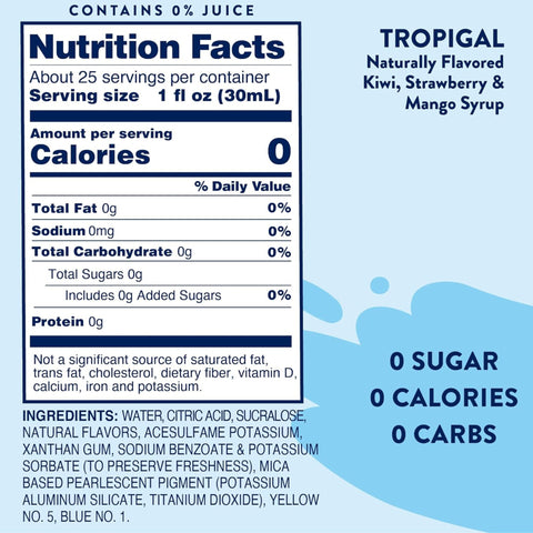 Jordan's Skinny Mixes TropiGal - syrop bez cukru do wody i napojów, smak Kiwi, Truskawka i Mango