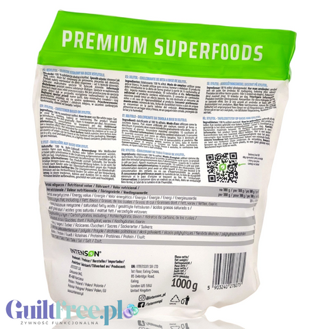 Tył opakowania Guiltfree Intenson Ksylitol 1kg z informacjami o produkcie, wartościach odżywczych i składzie