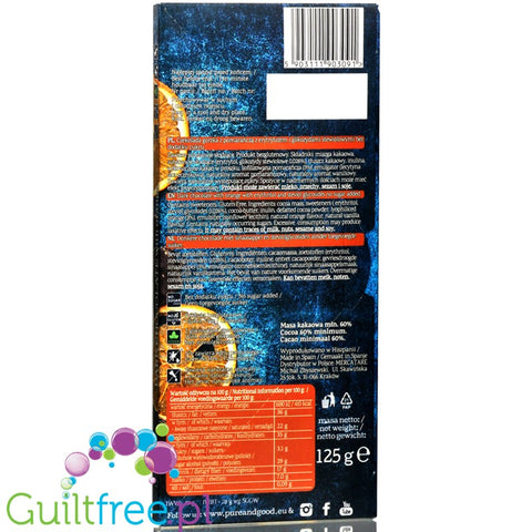 Pure & Good sugar free dark chocolate with orange pieces sweetened only with stevia and erythritol