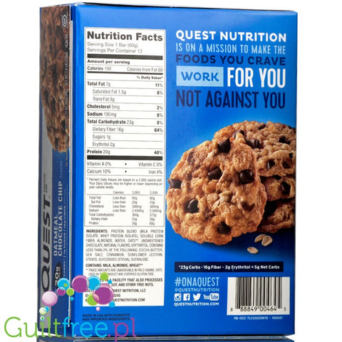 Quest Protein Bar Oatmeal Chocolate Chip Flavor 