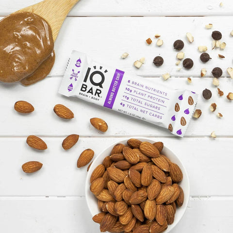 IQ Bar Almond Butter Chip Brain & Body plant protein bar with Lion's Mane, MCTs, Omega-3, flavonoids, vitamin-E and choline