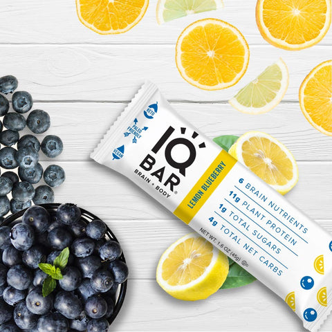 IQ Bar Lemon Blueberry Brain & Body plant protein bar with Lion's Mane, MCTs, Omega-3, flavonoids, vitamin-E and choline