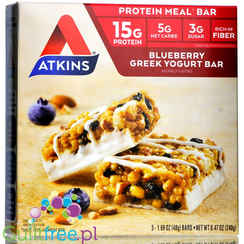 Atkins Meal Blueberry Greek Yogurt protein bar without maltitol