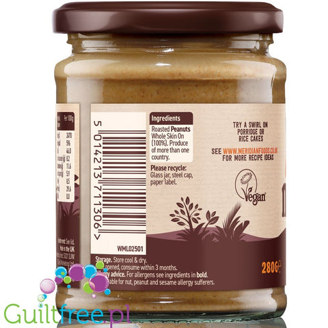 Meridian smooth peanut butter 100% nuts - ground peanut butter, roasted in skins, smoothly ground, with no added sugar and no sa