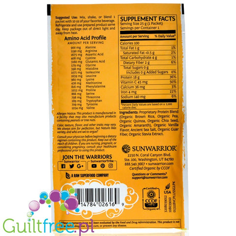 Sunwarrior Protein Classic Plus, Vanilla - vegan protein powder with acai, goji & quinoa, sachet