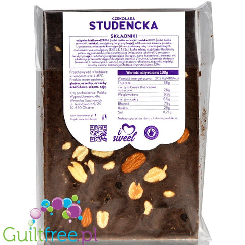 iLoveSweet Studencka - sugar free protein dark chocolate with nuts and raisins