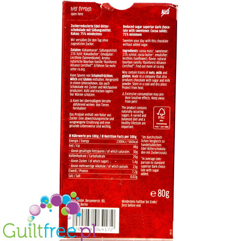 Dark chocolate without sugar sweetened with Finnish xylitol