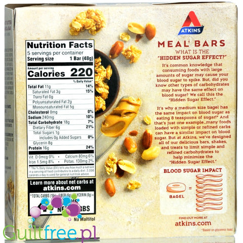 Atkins Meal Peanut Butter Granola Bar protein bar without maltitol, box of 5 bars
