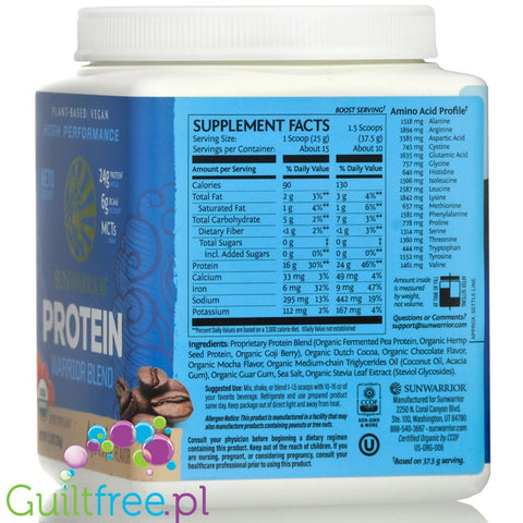 Sunwarrior Protein Warrior Blend 0,375kg, Mocha - vegan protein powder with acai, goji & quinoa, sachet