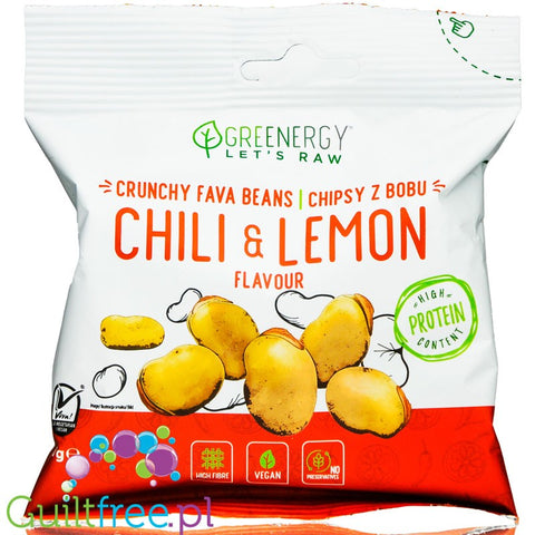 Greenergy Fava Beans Chili & Lemon crunchies, 17g of fiber & 23g of protein