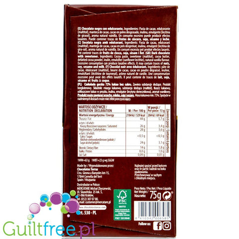 Dark chocolate without added sugar, 72% cocoa