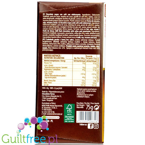 Torras Chocolate negro con edulcornate con grans de café - Dark chocolate without added sugar, sweetened with maltitol with coff