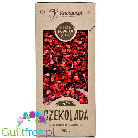 Krukam Handcrafted Dark Chocolate & Strawberries - sugar free chocolate without lecithin with raspberry pieces