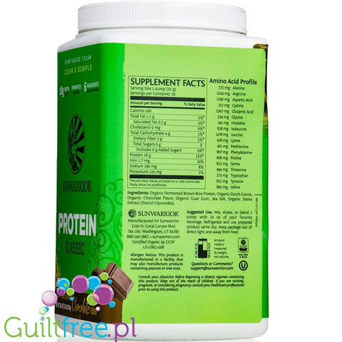 Sunwarrior Protein Classic Chocolate 0,75KG - vegan protein powder with stevia