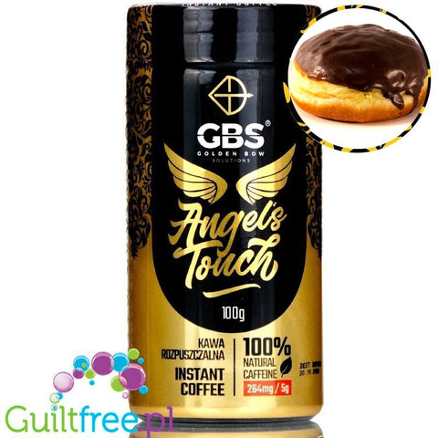 GBS Angel's Touch instant flavored coffee with caffeine boost,  donut with chocolate