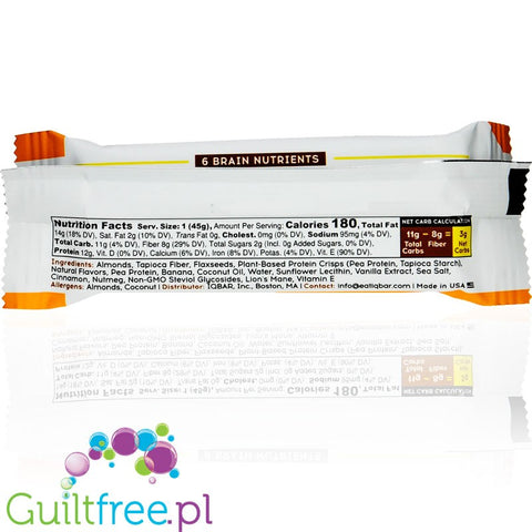 IQ Bar Banana Nut Brain & Body plant protein bar with Lion's Mane, MCTs, Omega-3, flavonoids, vitamin-E and choline