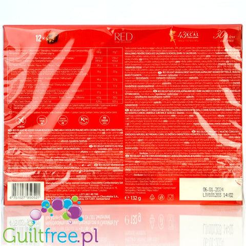 RED Chocolette Coconut no sugar added milk chocolate pralines, 50% less calories