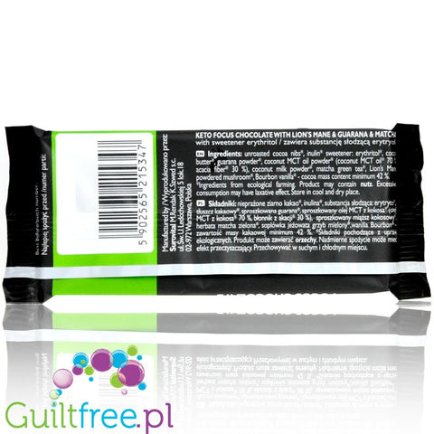 RAW COCOA Keto Focus Chocolate 40g - bio dark with guarana and matcha sweetened with erythritol
