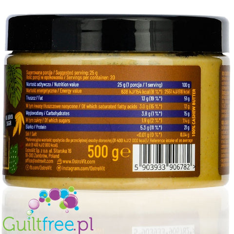 OstroVit czyste Masło z Nerkowców Cashew Smooth bez cukru i soli, 0,5KG