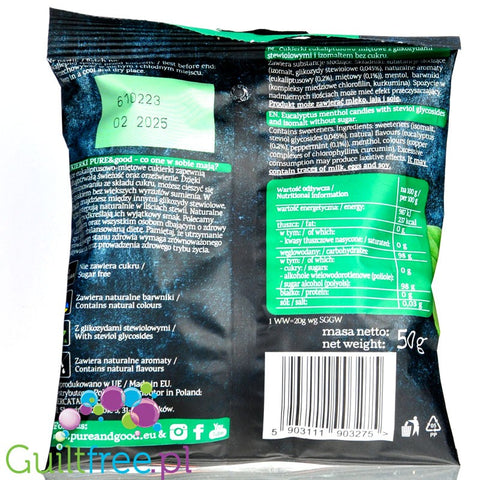 Pure & Good Candies Euka-Menthol - eukaliptusowo-mentolowe cukierki bez cukru ze stewią