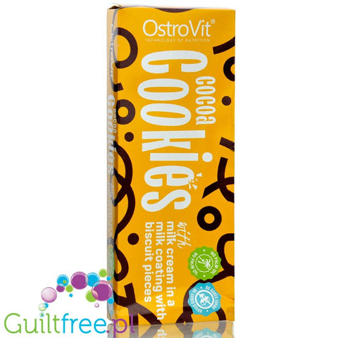 Ostrovit Cookies Milk Cream & Biscuit - ciastka kakaowe z kremem w polewie z kawałkami herbatników bez dodatku cukru