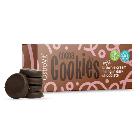 Ostrovit Cocoa cookies with brownie flavoured cream filling in dark chocolate with no added sugar