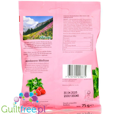 Ricola Raspberry & Lemon Balm - ziołowe cukierki bez cukru, Malina z Melisą