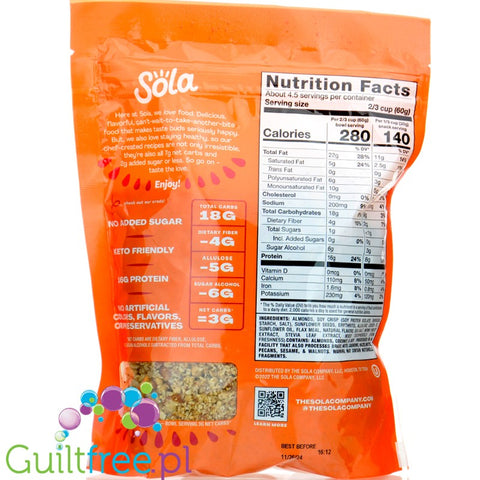 Sola Granola, Honey Nut - keto płatki śniadaniowe bez cukru, Miód & Orzeszki