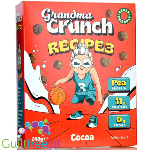 Grandma Crunch Protein Recipe3 Cocoa - wegańskie płatki śniadaniowe bez cukru 30% białka, Kakao