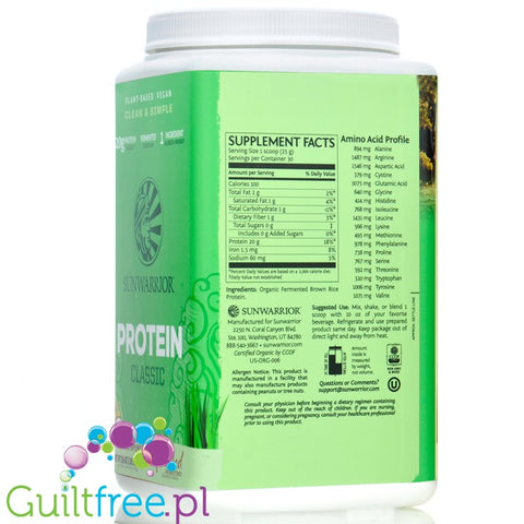 Sunwarrior Protein Classic Unflavored 750g- vegan protein powder without sweeteners & additives