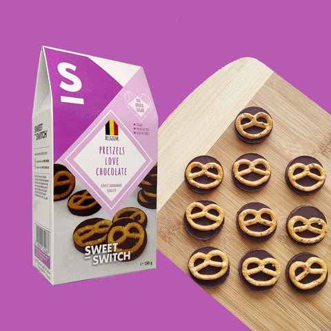Sweet Switch sugar free dark chololate 75% with salted wheat pretzels