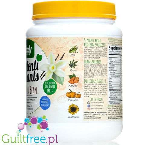 Body Nutrition Plenti Plants Vanilla Bean 907g - unsweetened vegan supplement, Mix of 5 vegetable proteins
