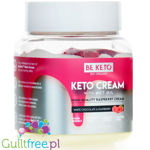 BeKeto Keto Krem™ White Chocolate & Raspberry - krem kokosowy bez cukru z MCT, Biała Czekolada & Malina