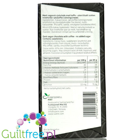 Sukrin Dark Chocolate Coffee - keto ciemna czekolada bez mleka i cukru słodzona tylko erytrolem i stewią, Kawowa