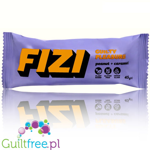 FIZI Guilty Pleasure Peanut & Caramel - vegan protein bar with no added sugar chocolate topping