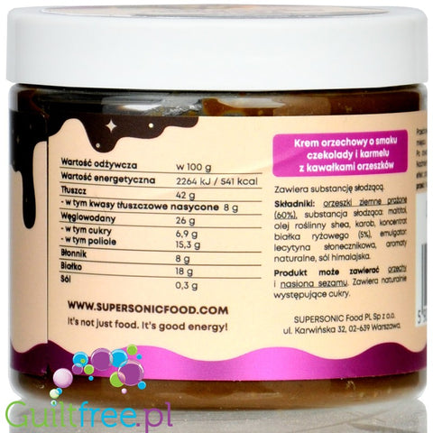 SuperSonic Peanut Butter Chocolate & Caramel - wegański krem orzechowy o smaku karmelowym z kawałkami orzeszków