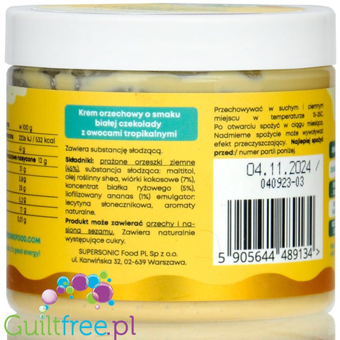 SuperSonic Peanut Butter White Chocolate & Tropical Fruit 250g - wegański krem, smak Białej Czekolady z Owocami Tropikalnymi