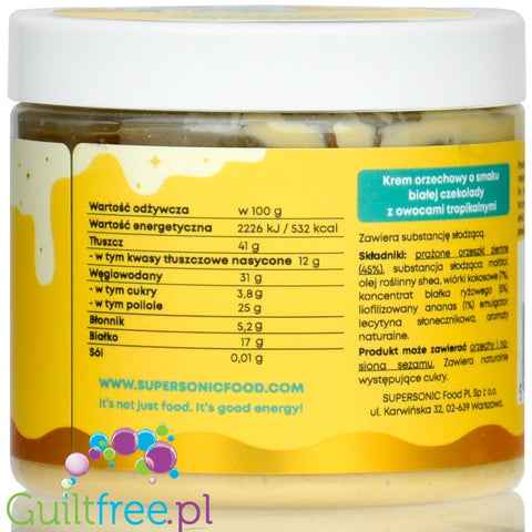 SuperSonic Peanut Butter White Chocolate & Tropical Fruit 250g - wegański krem, smak Białej Czekolady z Owocami Tropikalnymi