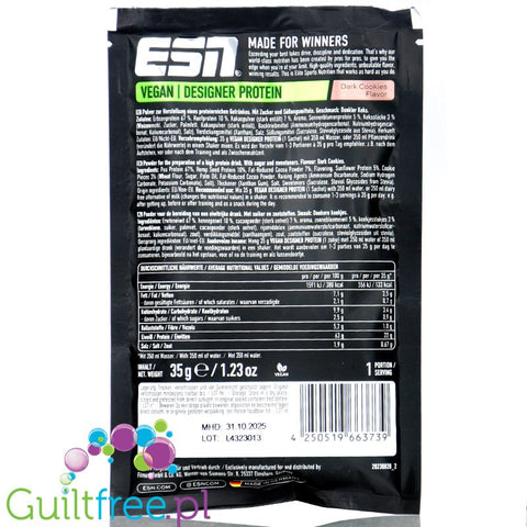 ESN Vegan Designer Protein, Dark Cookies - vegan nutritional supplement flavored with Dark Cookies, 30g sachet