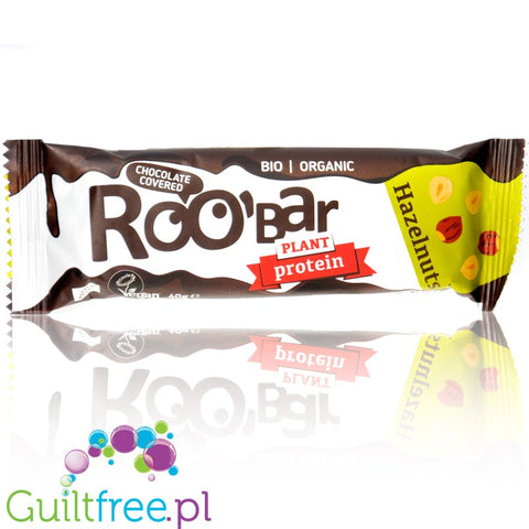 RooBar Hazelnut Plant Protein 40g - vegan protein bar with hazelnuts in dark chocolate coating