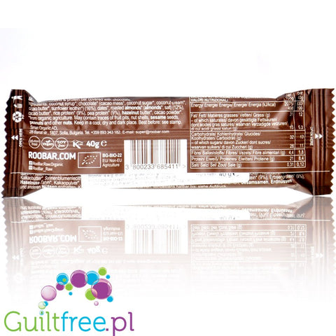 RooBar Hazelnut Plant Protein 40g - vegan protein bar with hazelnuts in dark chocolate coating