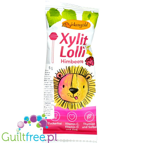 BirkenGold Xylit Lolli Himbeere - lizak malinowy bez cukru z witaminą C i D,Cynkiem