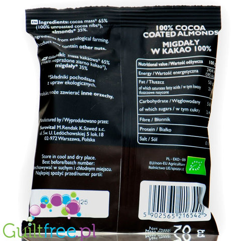 Raw Cocoa Coated Almonds - migdały w gorzkiej czekoladzie 100% bez dodatku cukru, keto przekąska