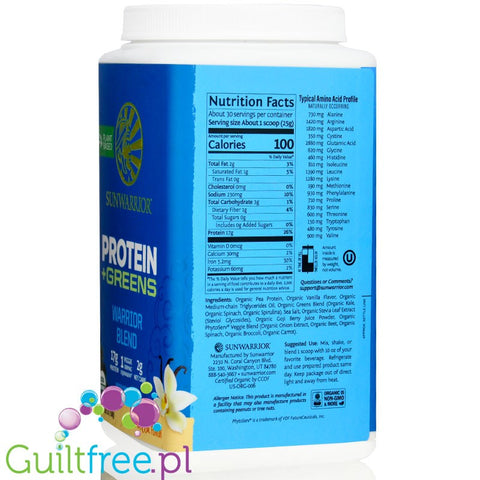 Sunwarrior Protein Warrior Blend + Greens , Vanilla 0,75kg - wegańska organiczna odżywka białkowa z ekstraktami roślinnymi i MCT
